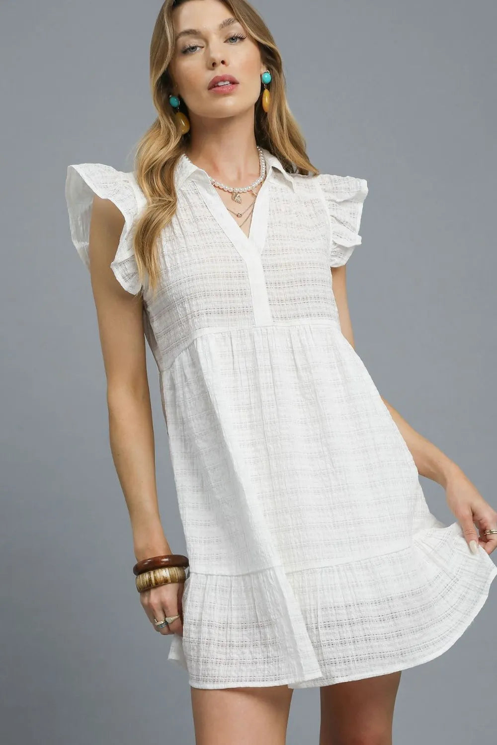 Ruffle Cap Sleeve Textured Mini Dress - White - product view 1