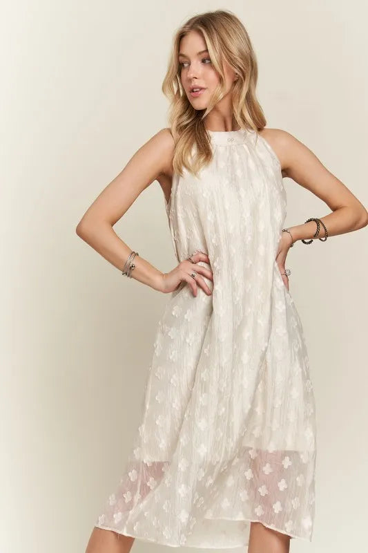 Applique Pearl Detail Grecian Neck Midi Dress in Beige - product view 1