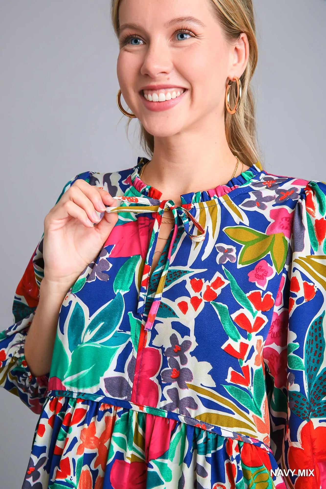 Floral Print Tie Neck Midi Dress with Pockets in Navy Mix - product view 5