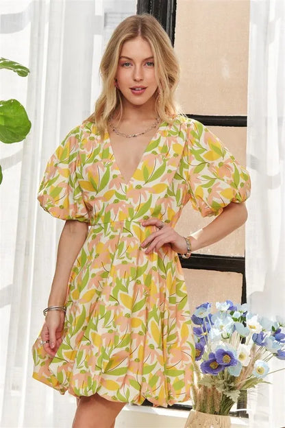 Puff Sleeve Floral Dress - Yellow - product view 6