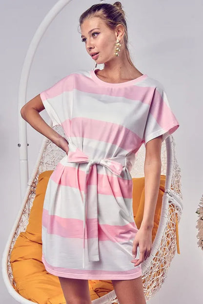 Tie Front Striped Short Sleeve Dress in Blush - product view 4