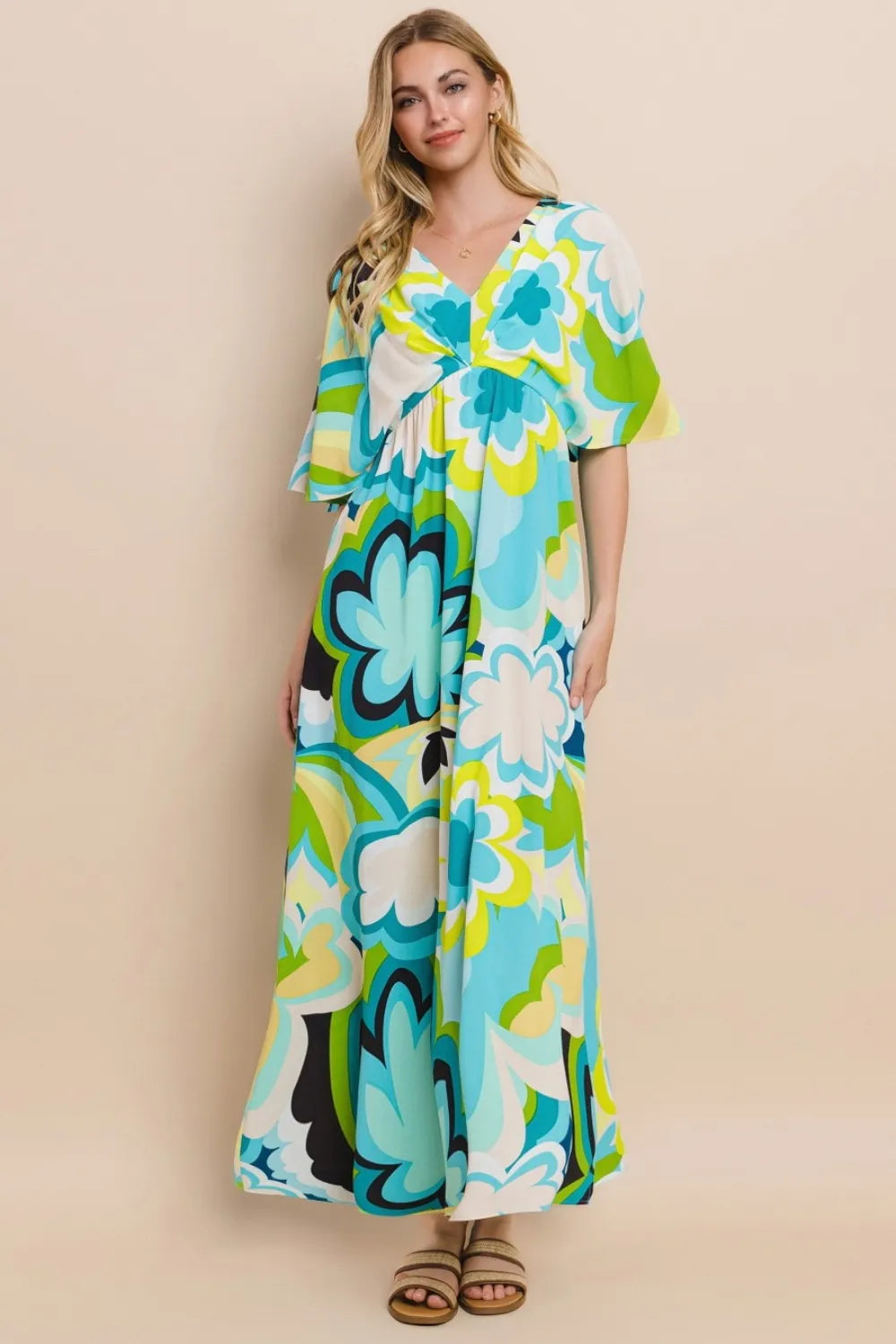 Floral Printed Slit Maxi Dress in Blue Yellow - product view 1