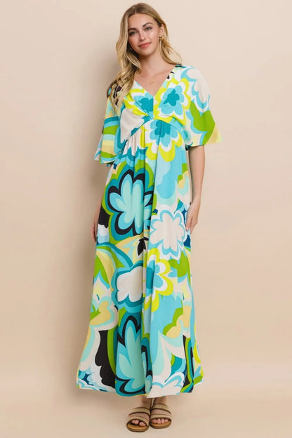 Floral Printed Slit Maxi Dress in Blue Yellow - product view 1