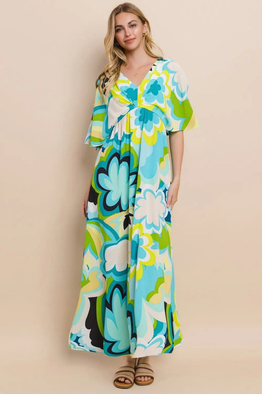 Floral Printed Slit Maxi Dress in Blue Yellow - product view 1