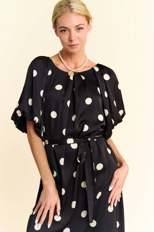 Polka Dot Puff Sleeves Waist Tie Midi Dress in Black - product view 7