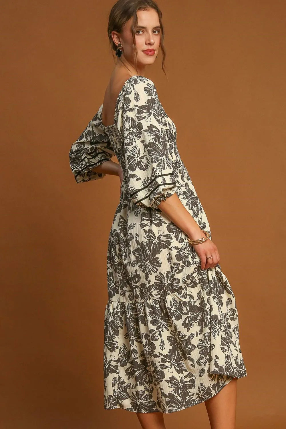 Ruffle Hem Flower Printed V-Neck Dress - Cream - product view 3