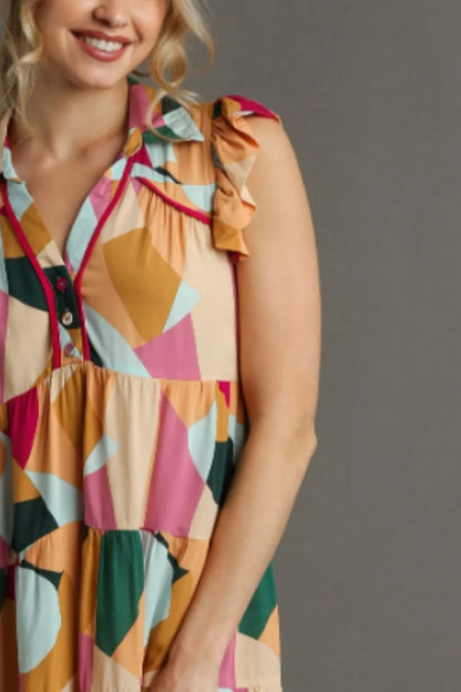 Full Size Button Detail Ruffle Sleeve Mini Dress Plus Size in Peach/Fuchsia - product view 3