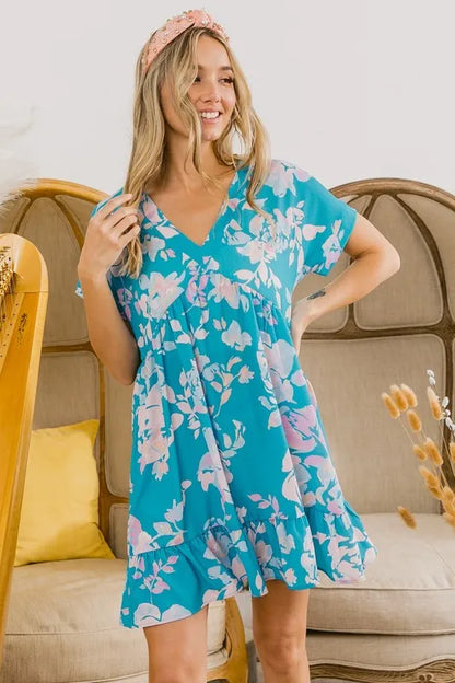 Floral Crinkle Shirred Ruffle Detail V Neck Dress in Soft Blue - product view 14