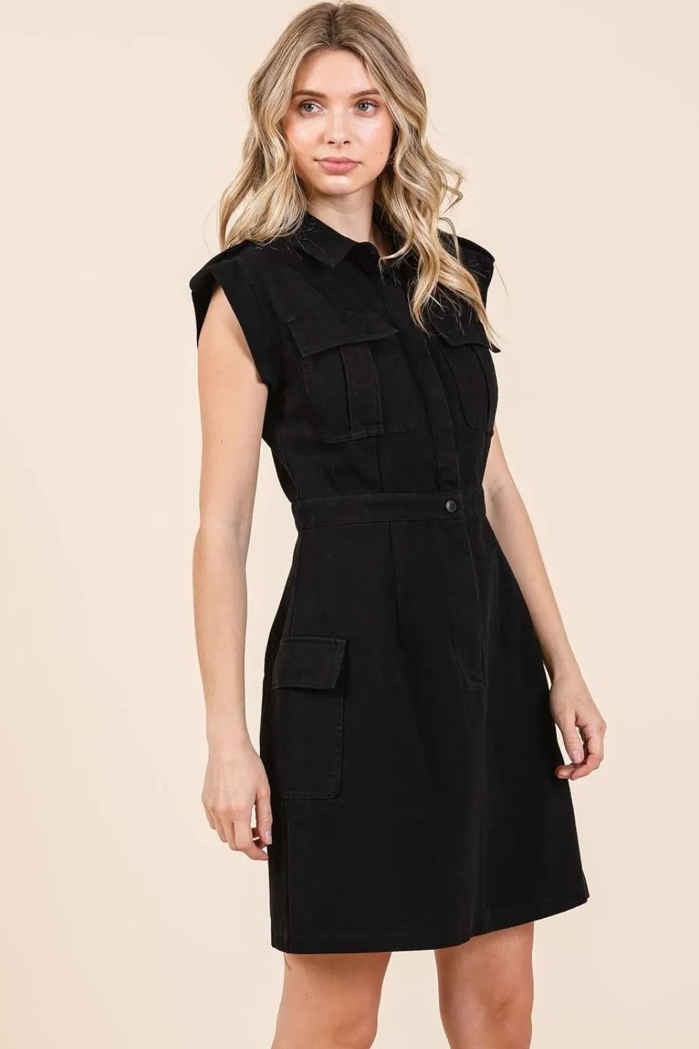 Cargo Pocket Half Button Mini Dress in Black - product view 3