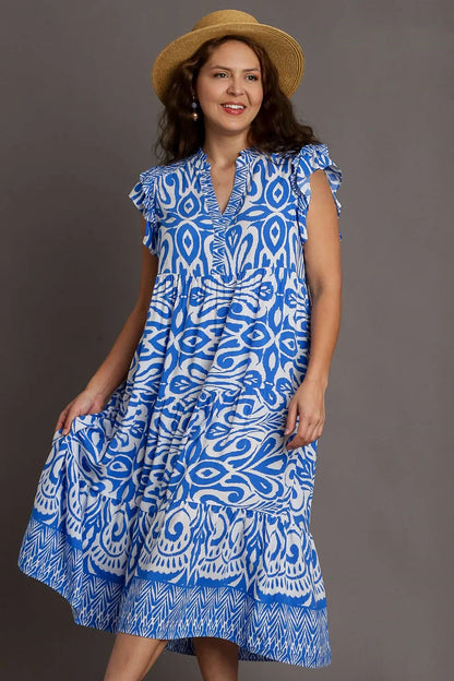Full Size Two Tone Border Print Ruffle Cap Sleeve Midi Dress Plus Size - Blue - product view 5