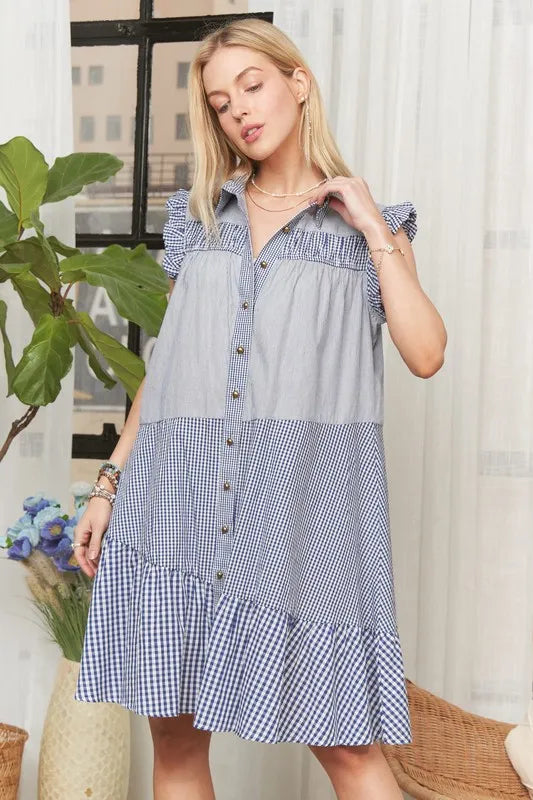 Button Down Textured Babydoll Dress in Blue - product view 10