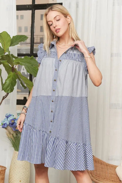 Button Down Textured Babydoll Dress in Blue - product view 10