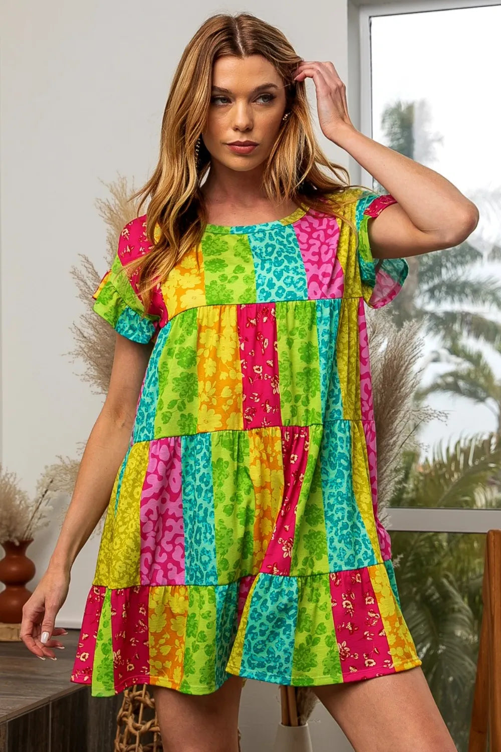 Leopard Short Sleeve Tiered Dress - Fuchsia/Neon Green - product view 3