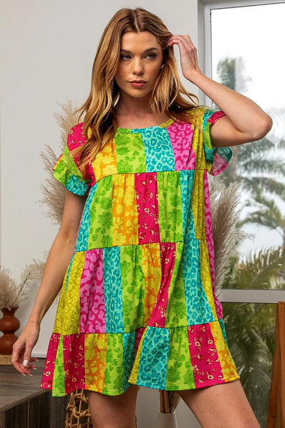 Leopard Short Sleeve Tiered Dress - Fuchsia/Neon Green - product view 3
