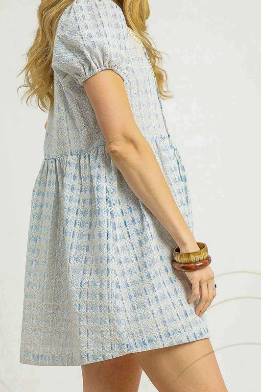 Lace Detail Short Puff Sleeve Mini Dress in Sky Blue - product view 2