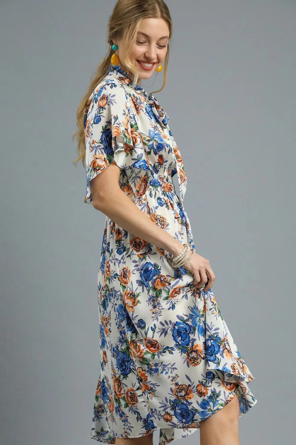 Floral Print Flutter Sleeve Dress in Royal Blue - product view 3