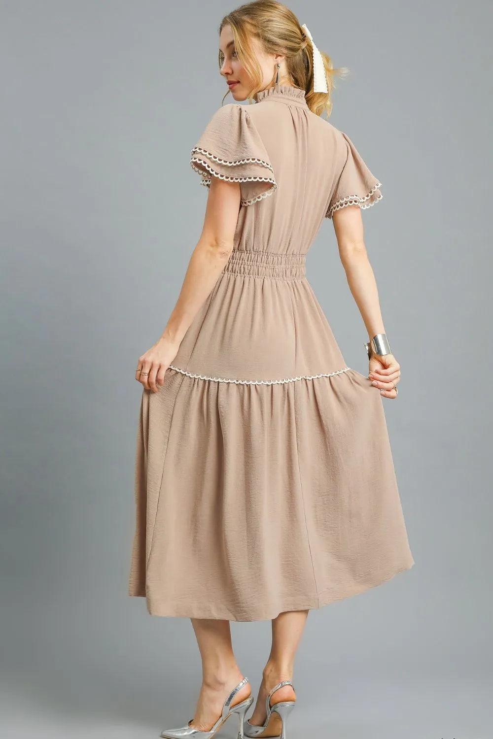Tiered Flutter Sleeve Midi Dress in Camel - product view 2
