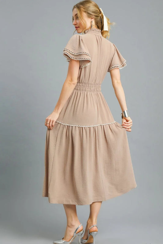 Tiered Flutter Sleeve Midi Dress in Camel - product view 2