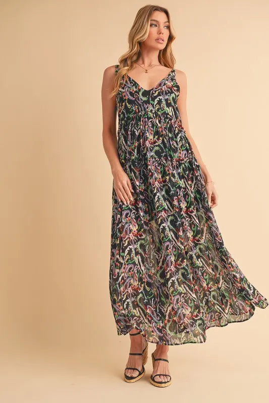 Printed V-Neck Frill Tiered Cami Dress in Black Multicolor - product view 2