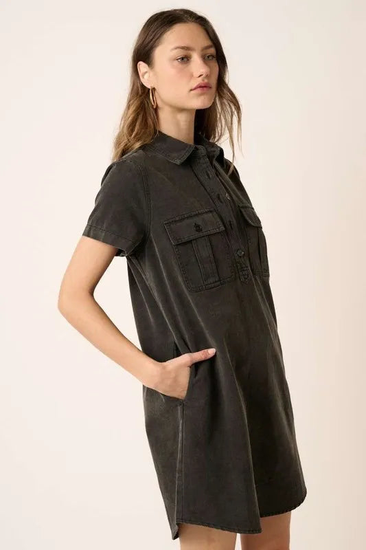 Button Detail Collared Neck Short Sleeve Shirt Dress - Black - product view 4