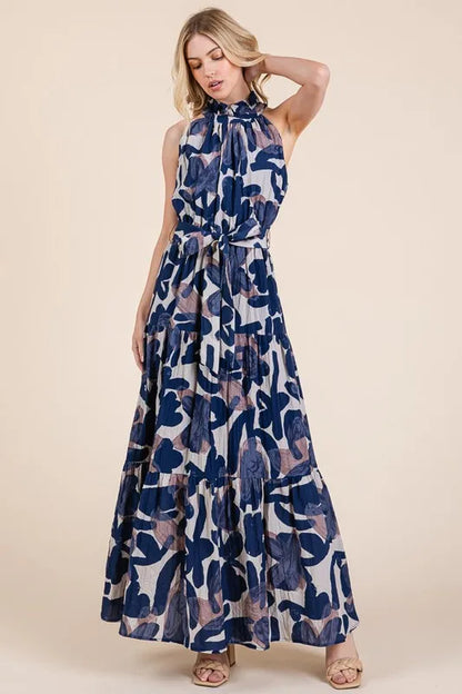 Abstract Halter Neck Tie-Waist Tiered Maxi Dress in Navy Combo - product view 8