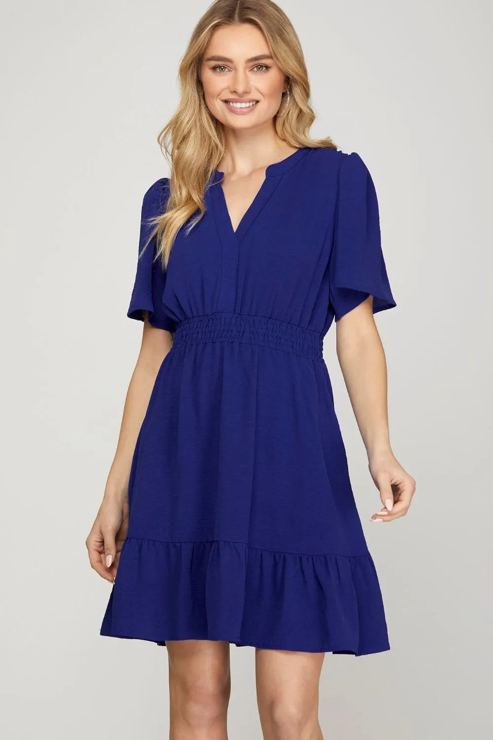 Ruffled Hem Notched Flutter Sleeve Mini Dress - Navy - product view 1