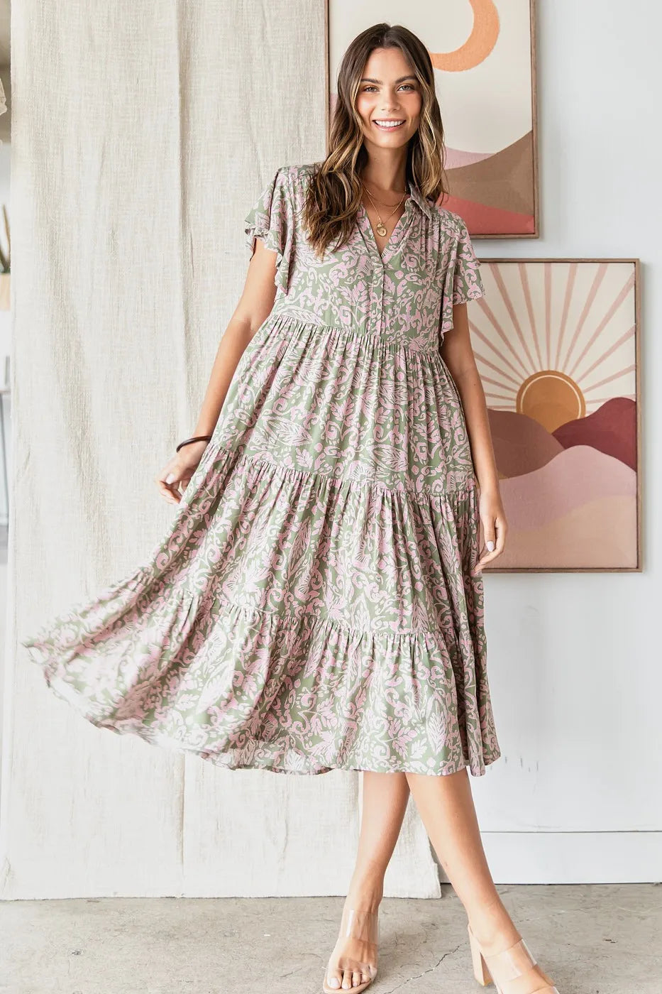Abstract Print Ruffle Tier Midi Dress - Sage - product view 1
