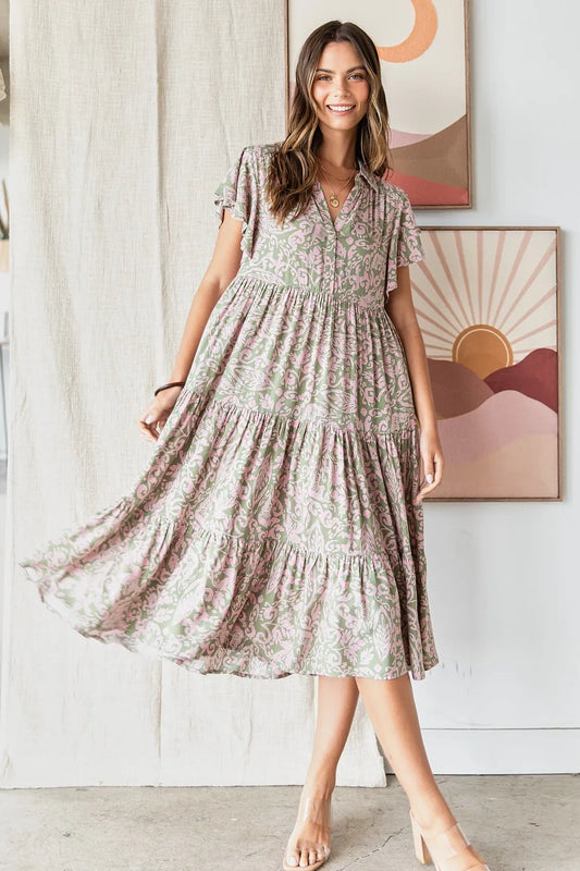 Abstract Print Ruffle Tier Midi Dress - Sage - product view 1