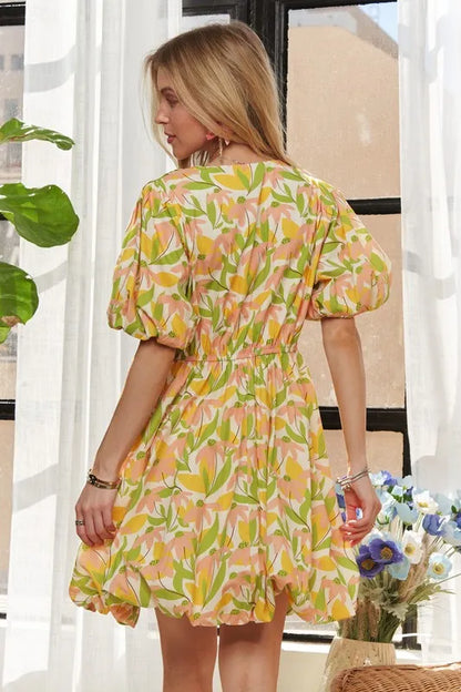 Puff Sleeve Floral Dress - Yellow - product view 3
