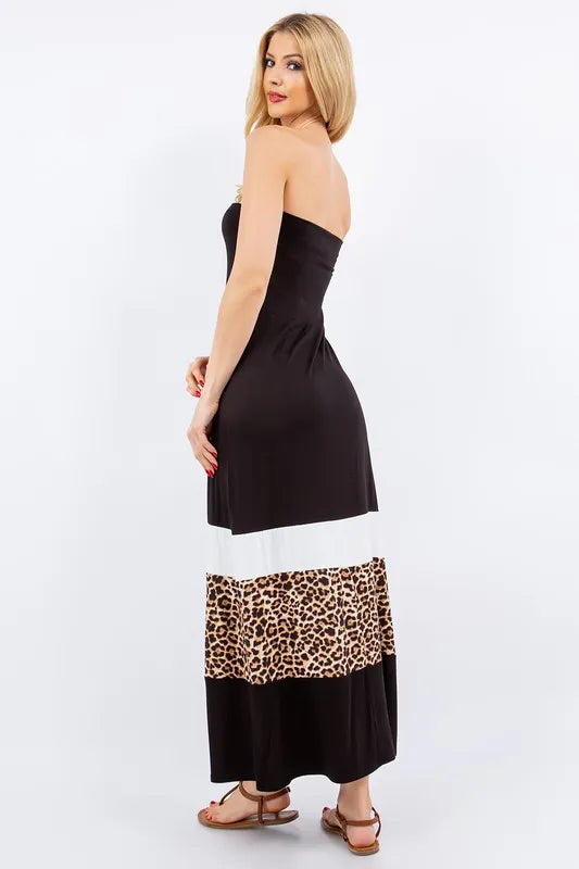 Full Size Leopard Color Block Tube Maxi Dress Plus Size in Black - product view 5