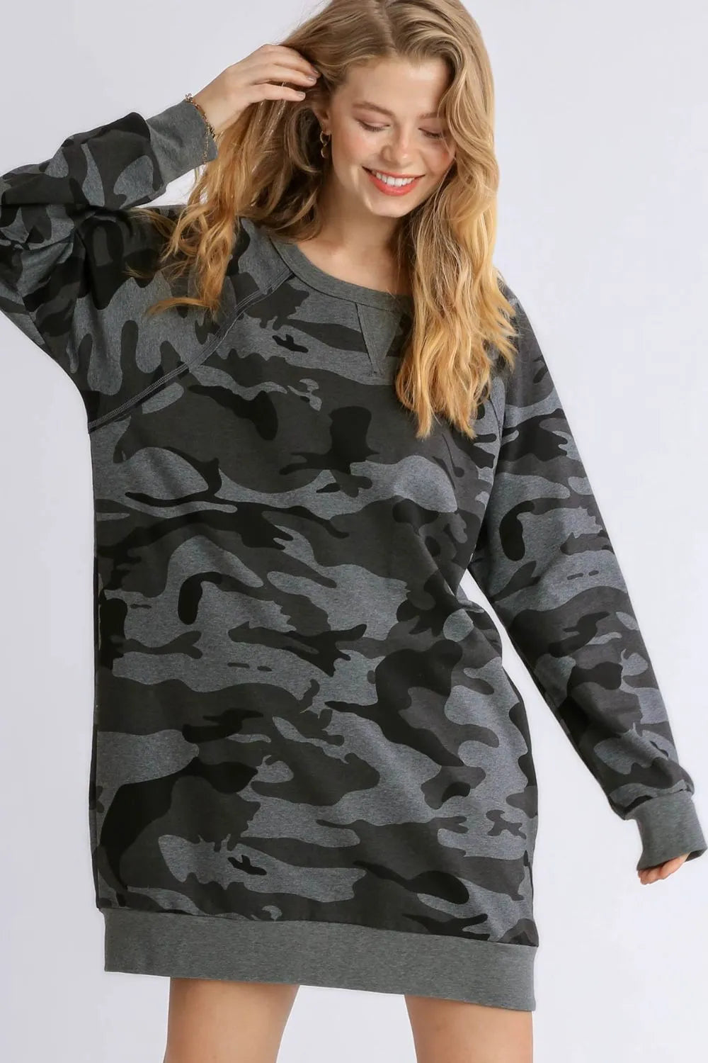 Full Size Camo Print Ribbed Hem French Terry Mini Dress Plus Size in Dark Gray - product view 1