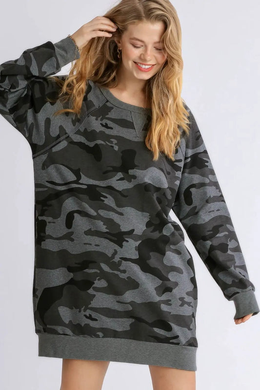 Full Size Camo Print Ribbed Hem French Terry Mini Dress Plus Size in Dark Gray - product view 1