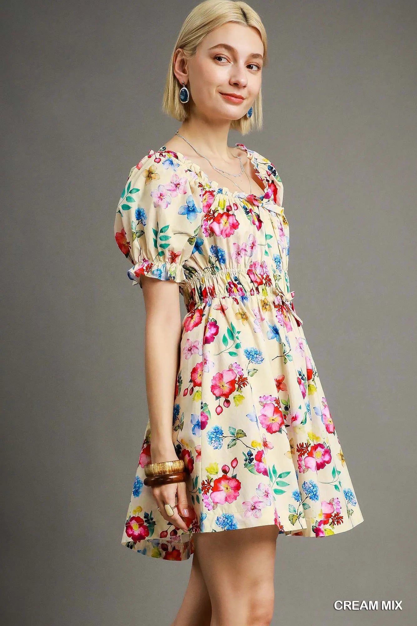 Floral Print Puff Sleeve Mini Dress - Cream - product view 3