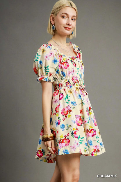 Floral Print Puff Sleeve Mini Dress - Cream - product view 3