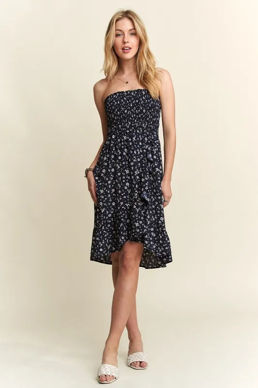 Smocked Floral Tube Dress with Pockets in Navy - product view 7