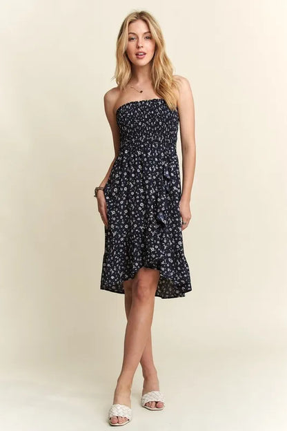 Smocked Floral Tube Dress with Pockets in Navy - product view 7