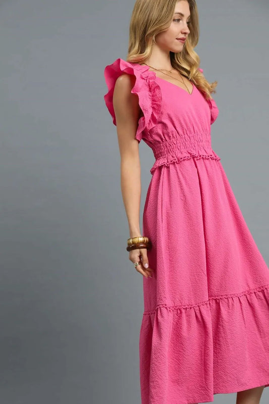 V-Neck Ruffled Cap Sleeve Midi Dress in Hot Pink - product view 2