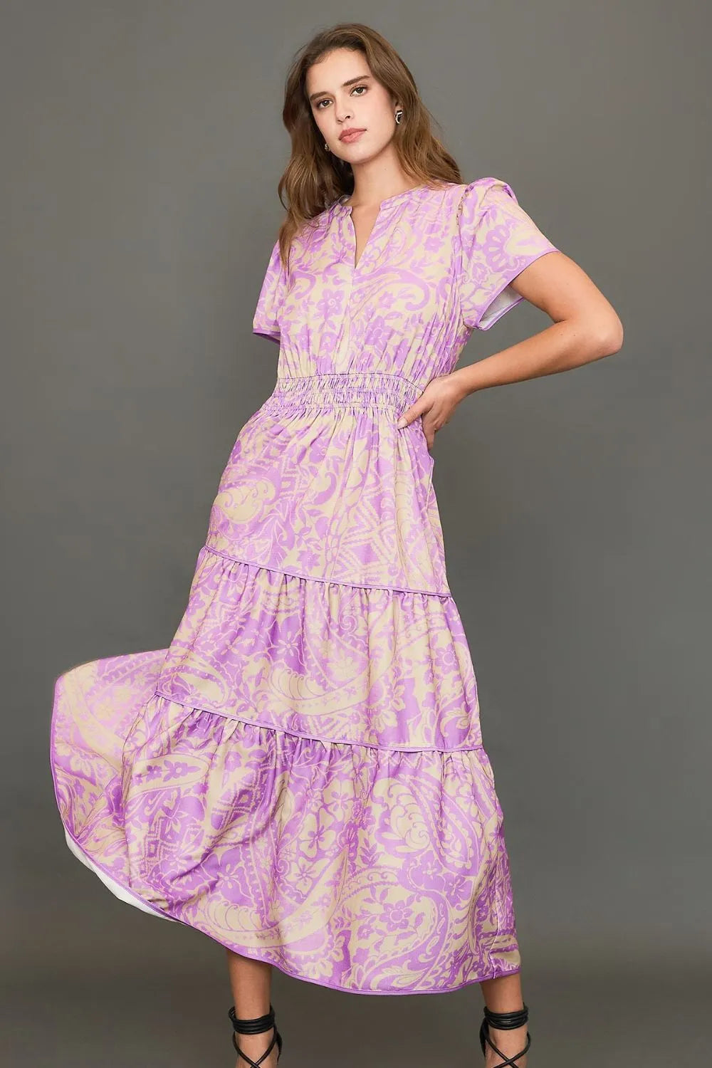 Full Size Printed Notched Short Sleeve Tiered Dress Plus Size - Heliotrope Purple - product view 1
