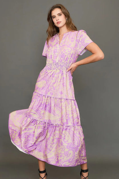 Full Size Printed Notched Short Sleeve Tiered Dress Plus Size - Heliotrope Purple - product view 1