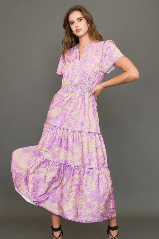 Full Size Printed Notched Short Sleeve Tiered Dress Plus Size - Heliotrope Purple - product view 1