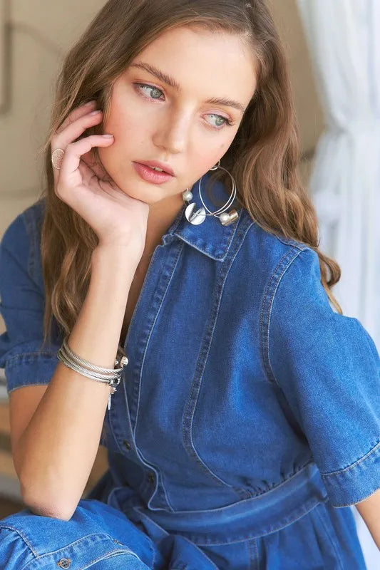 Tiered Button Down Tie Waist Short Sleeve Denim Dress in Dark - product view 5