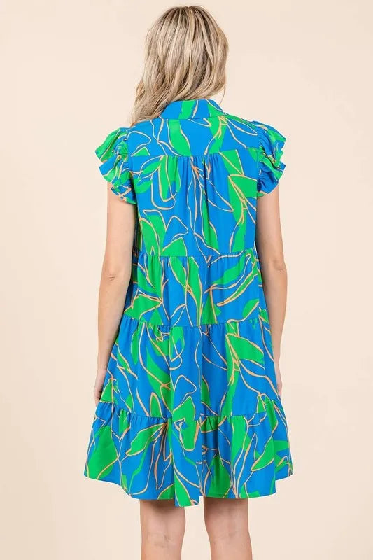 Leaf Print Ruffle Sleeve Tiered Mini Dress - Blue - product view 2