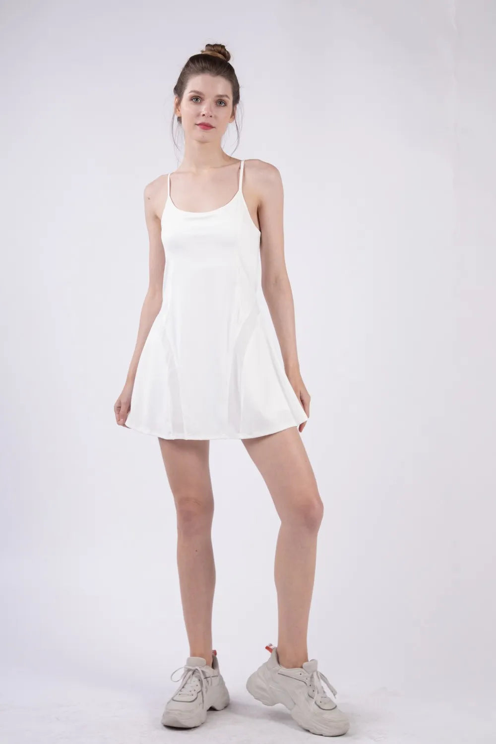 Mesh Detail Tennis Mini Active Dress with Shorts Inside - White - product view 1