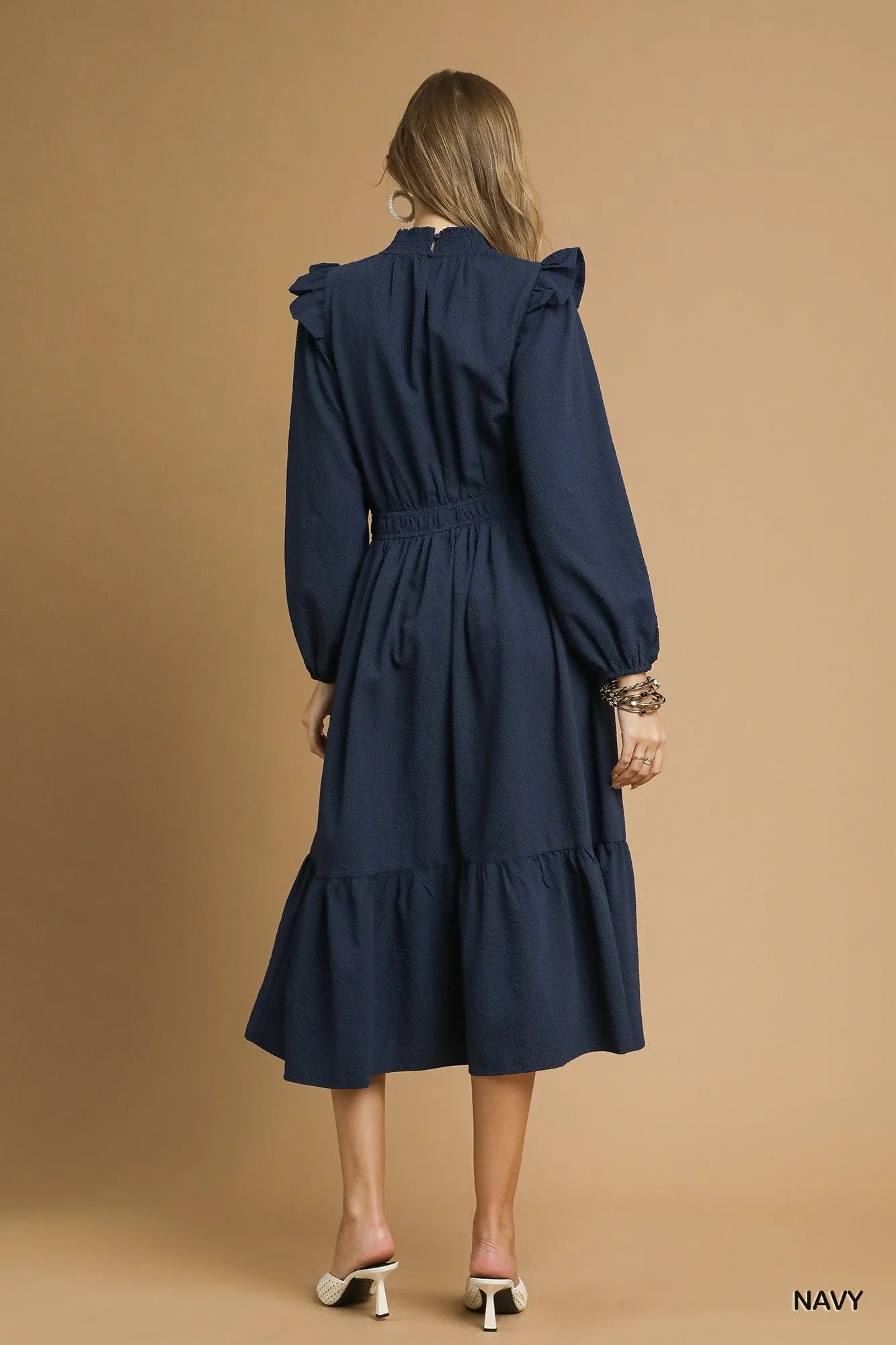 Textured Midi Dress with Ruffle Shoulder Detail - Navy - product view 3