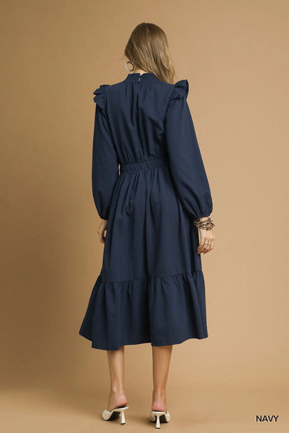 Textured Midi Dress with Ruffle Shoulder Detail - Navy - product view 3