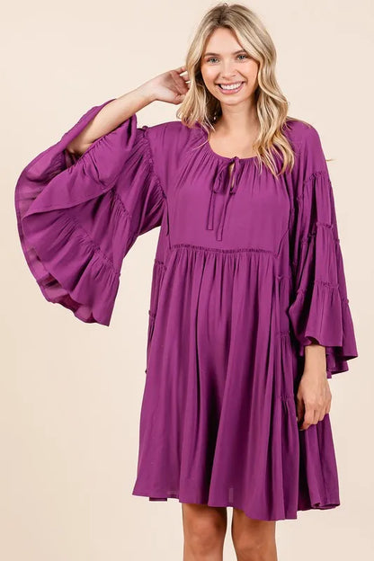 Frill Tie Neck Bell Sleeve Dress - Red-Violet - product view 4