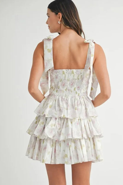 Floral Print Shoulder Tie Layered Mini Dress - Off White - product view 8