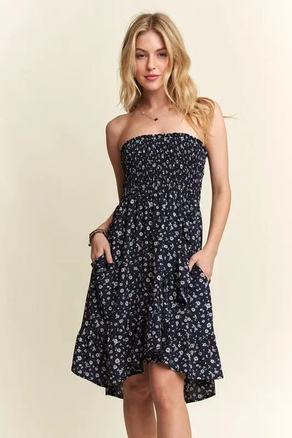 Smocked Floral Tube Dress with Pockets in Navy - product view 1
