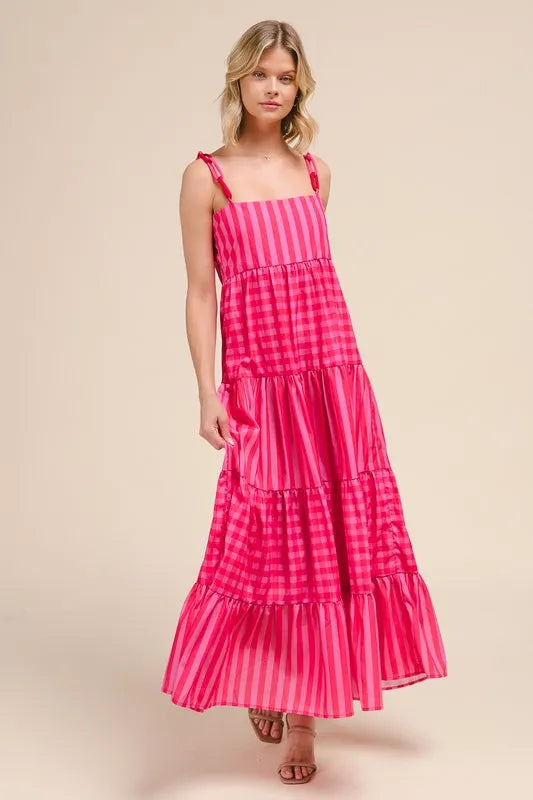 Stripe Tiered Maxi Dress with Colorful Chain Strap in Pink/Red - product view 8