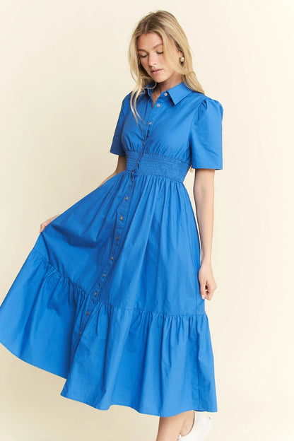 Short Sleeve Button Down Midi Dress in Blue - product view 3